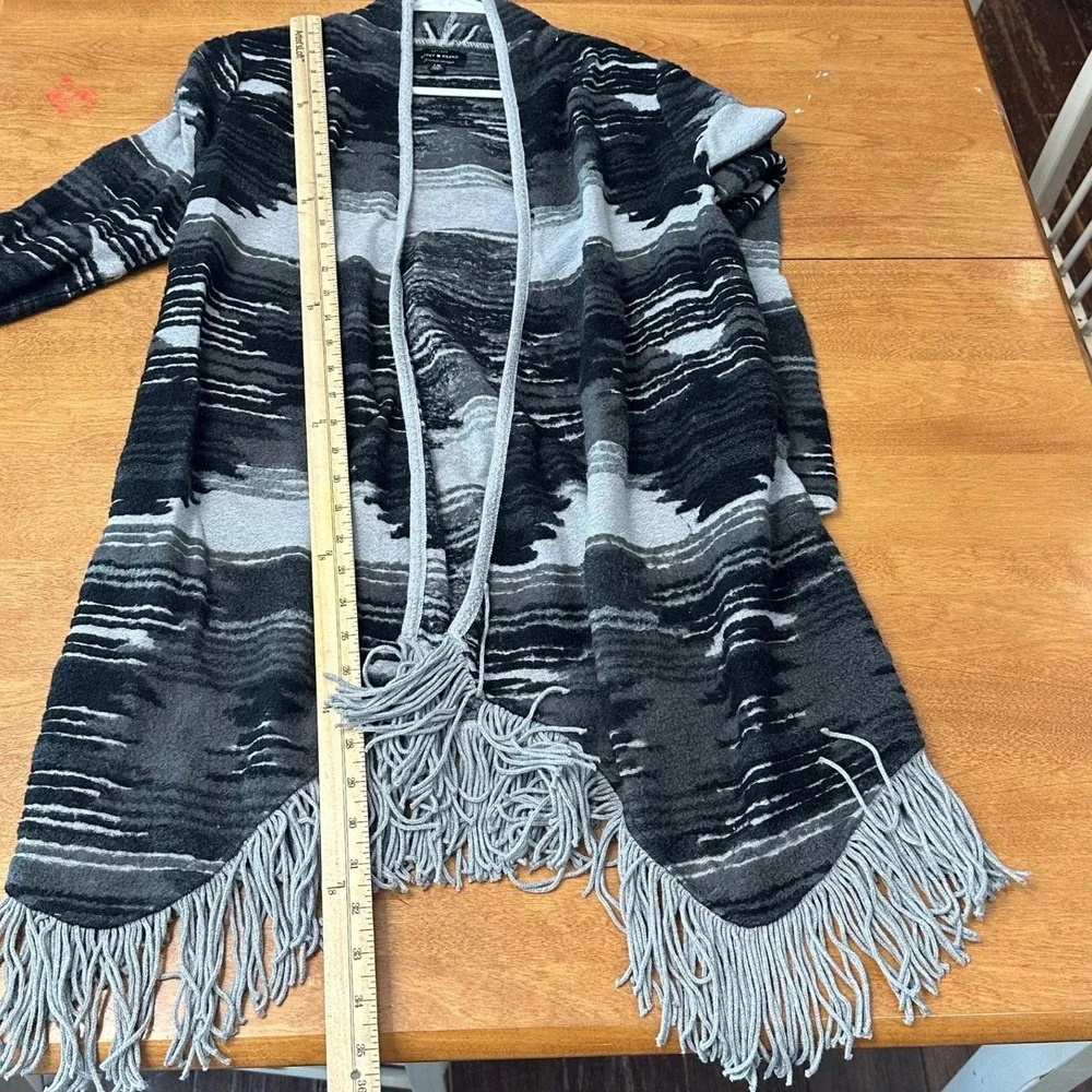 Lucky Brand Women Southwestern Cardigan Sweater Black Gray Fringe Aztec Tribal L